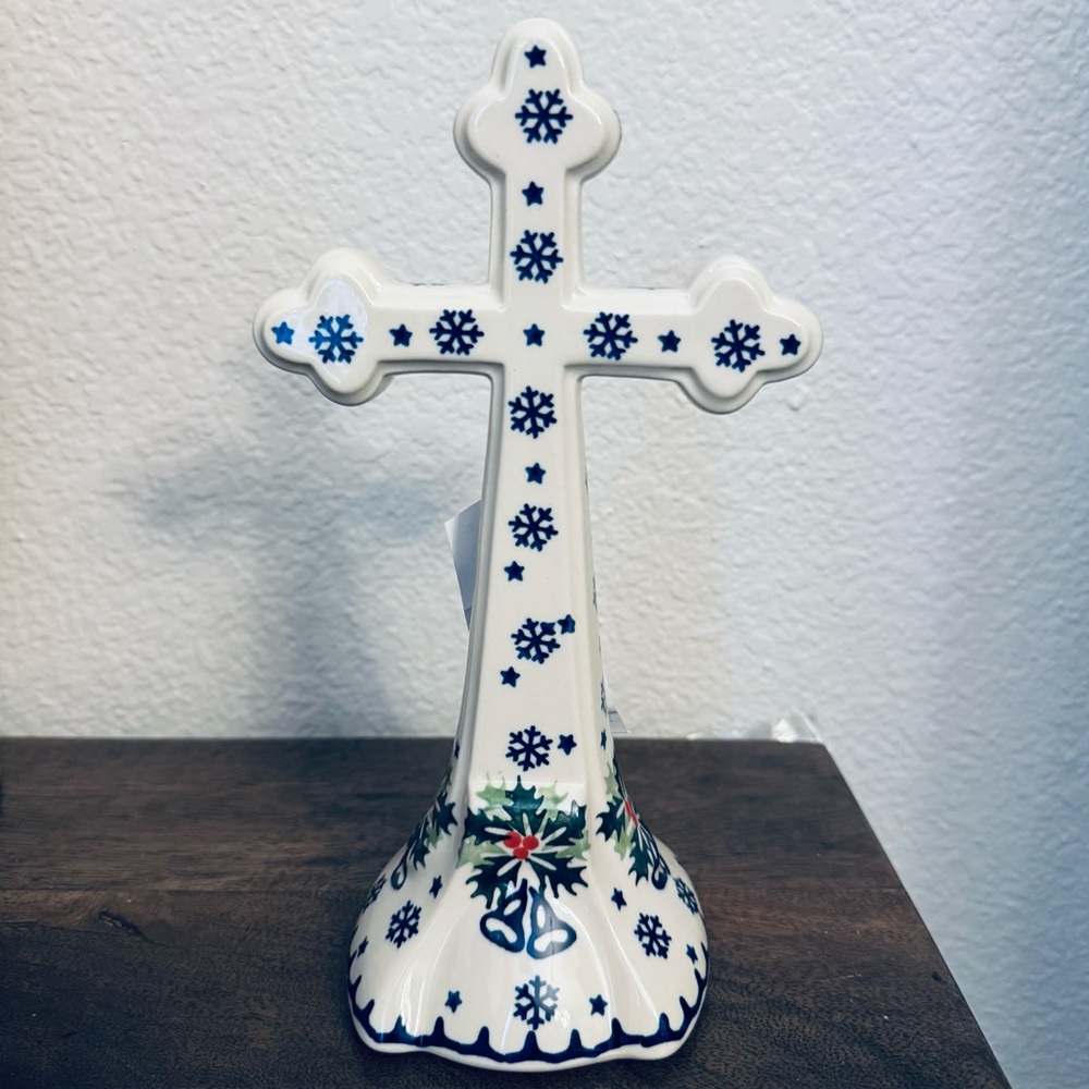 Boleslawiec Polish Pottery Christmas Snowflakes Holly Cross Statue Decor